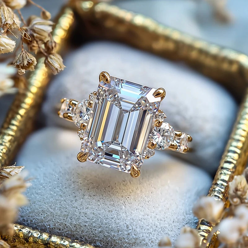 Image of an emerald cut moissanite ring named The Bella Jewel in a beautiful ring box from Awareness Avenue