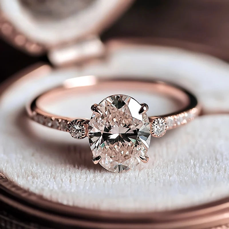 The Luna Rose Gold Oval Cut Moissanite Ring | Beautiful close up of oval cut mossanite ring with a rose gold band