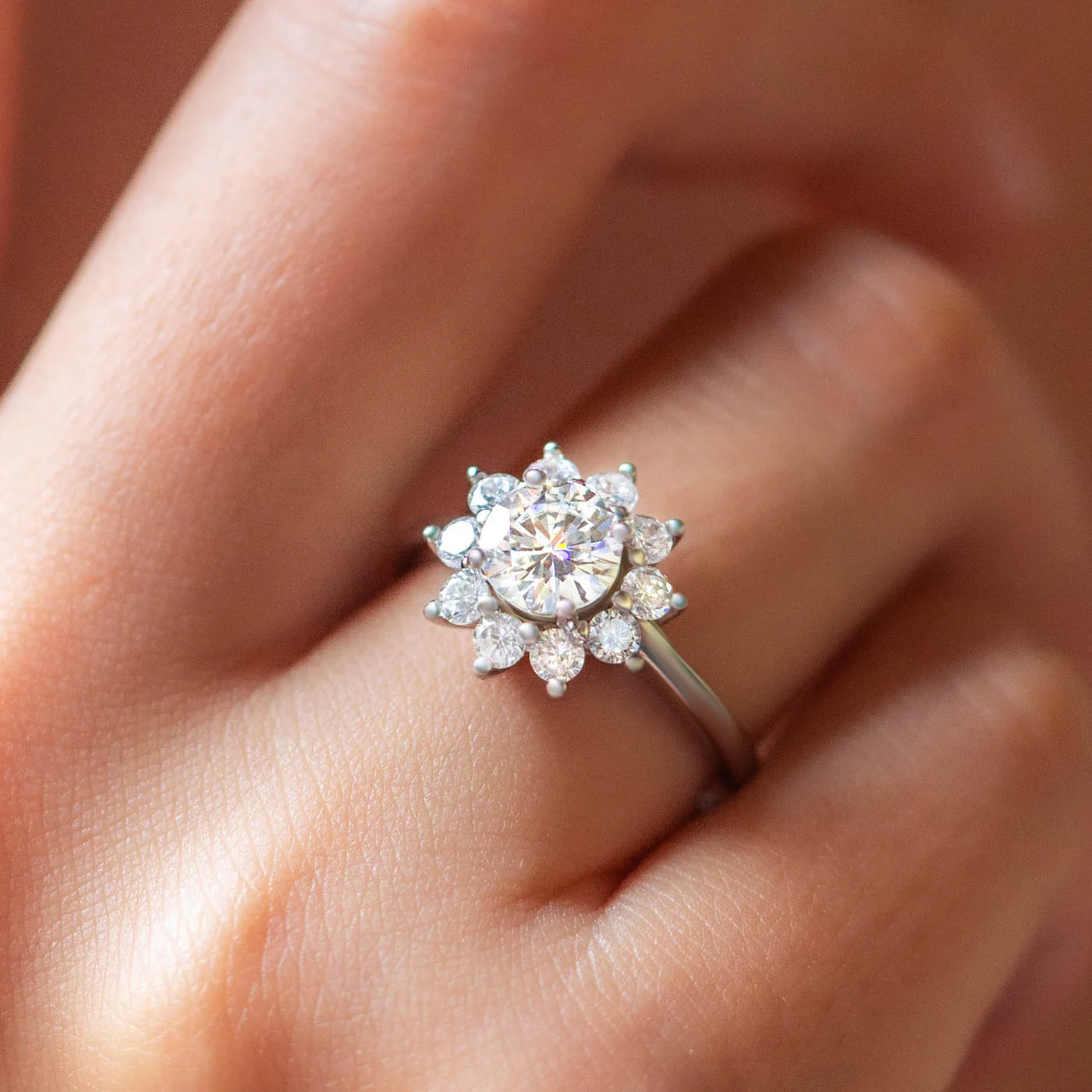 The Lustrous Moissanite Ring when worn and closed up.