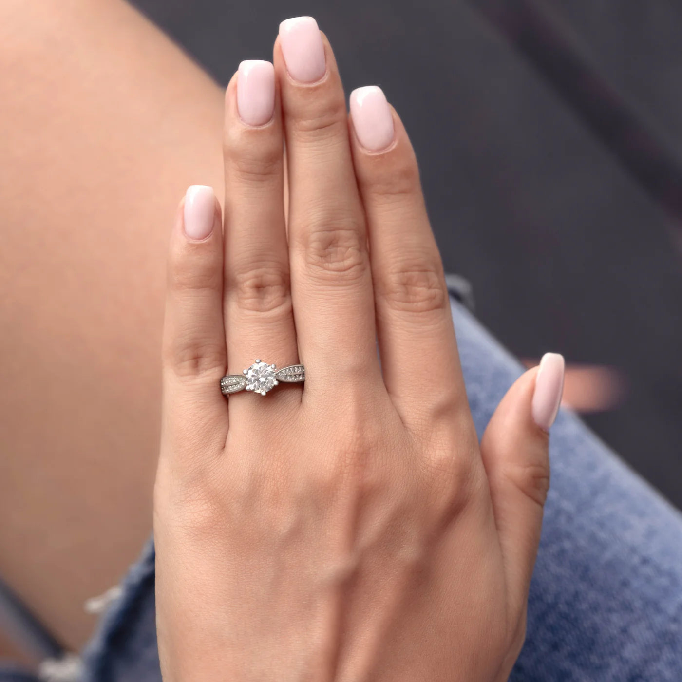 The Celestial Moissanite ring when worn.