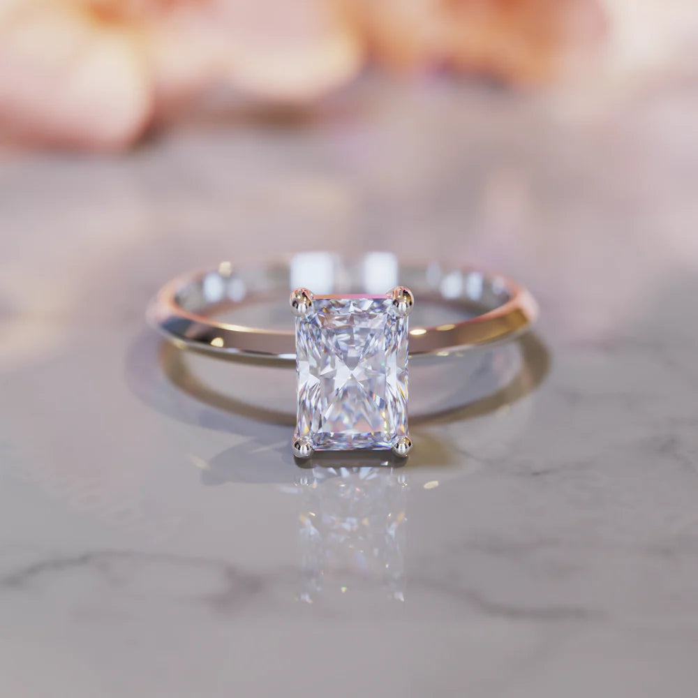 The Riana moissanite ring. A 1CT radiant cut solitaire moissanite engagement ring.