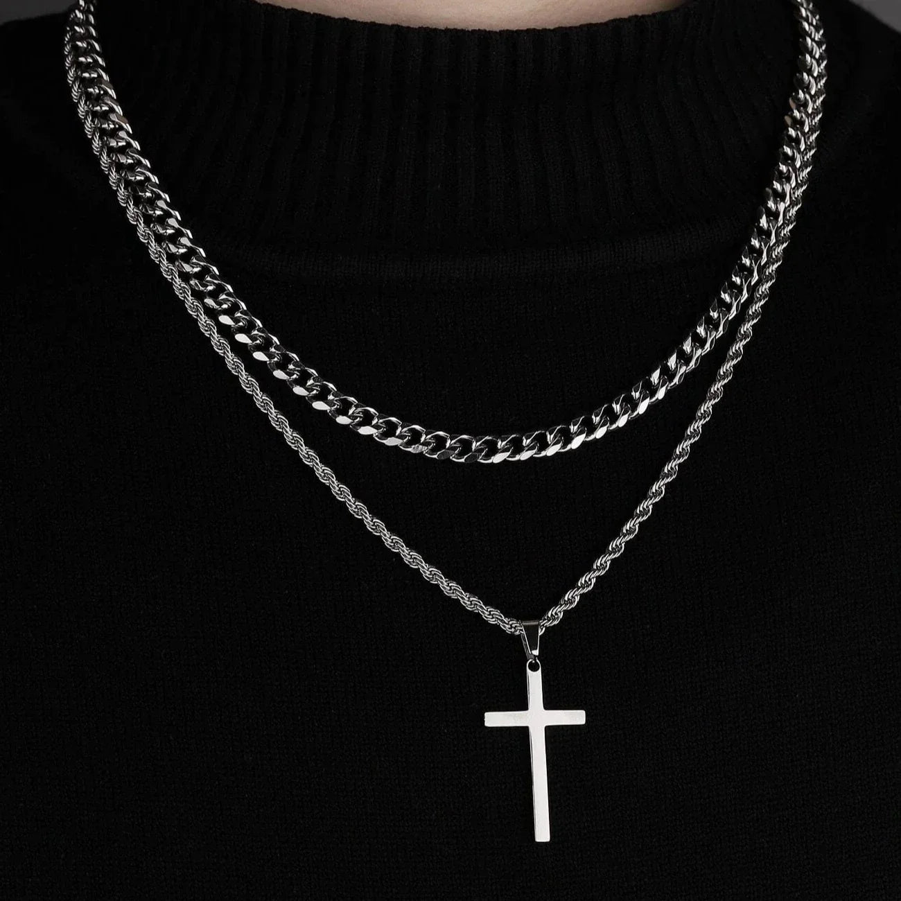 Men's Double Layer Cross Pendant Charm Necklace