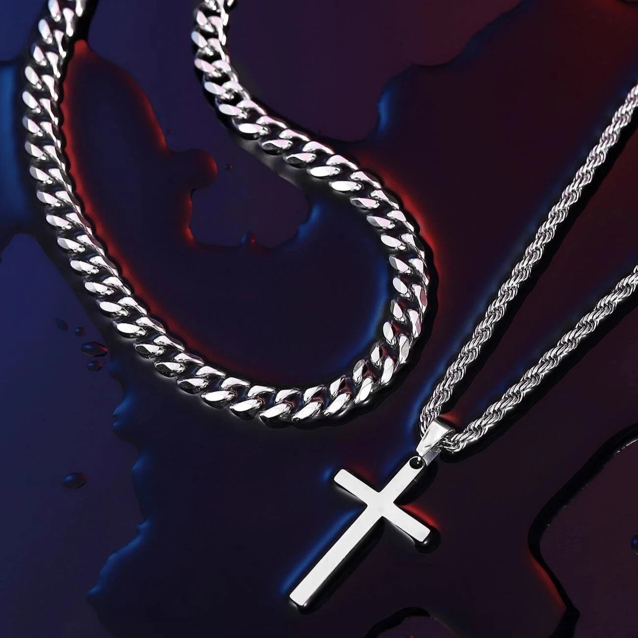 18K Gold Men's Double Layer Cross Pendant Charm Necklace