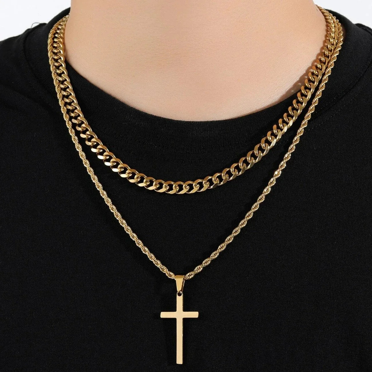 Men's Double Layer Cross Pendant Charm Necklace