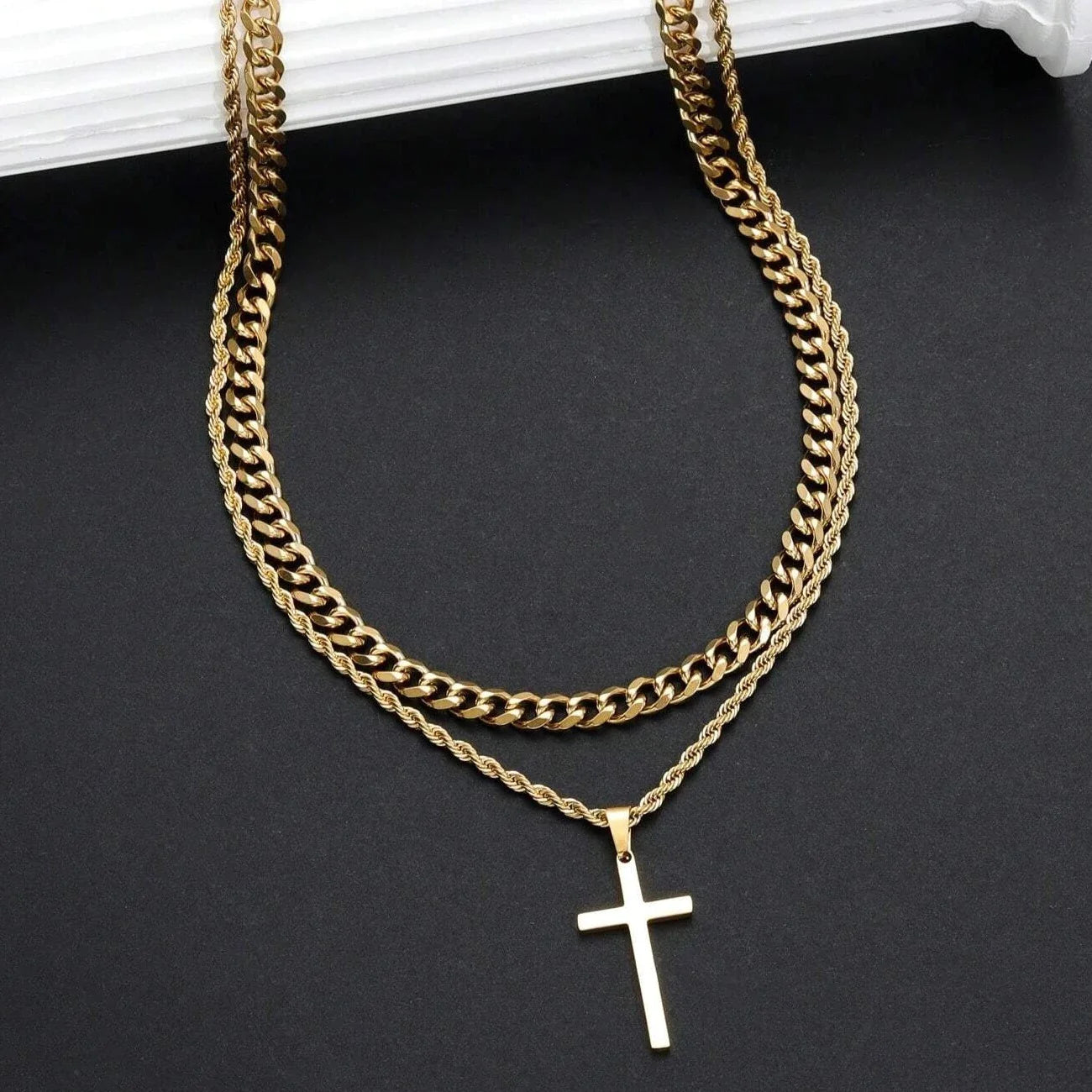 Men's Double Layer Cross Pendant Charm Necklace