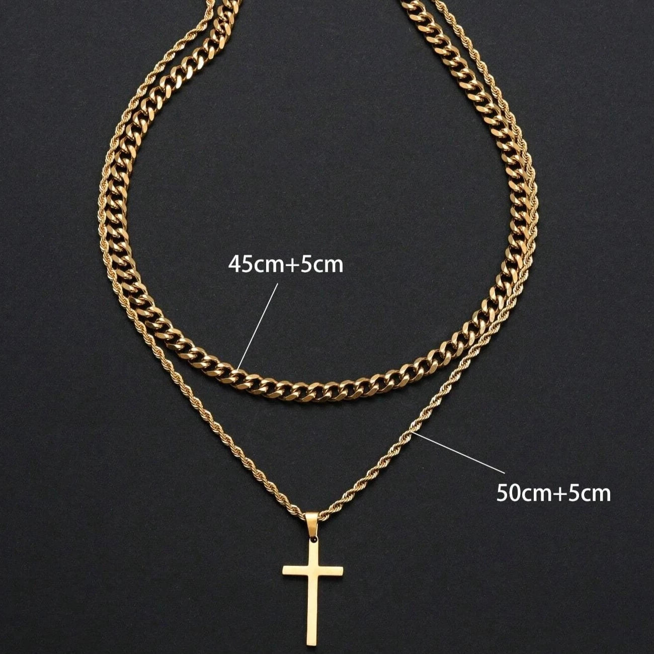 18K Gold Men's Double Layer Cross Pendant Charm Necklace