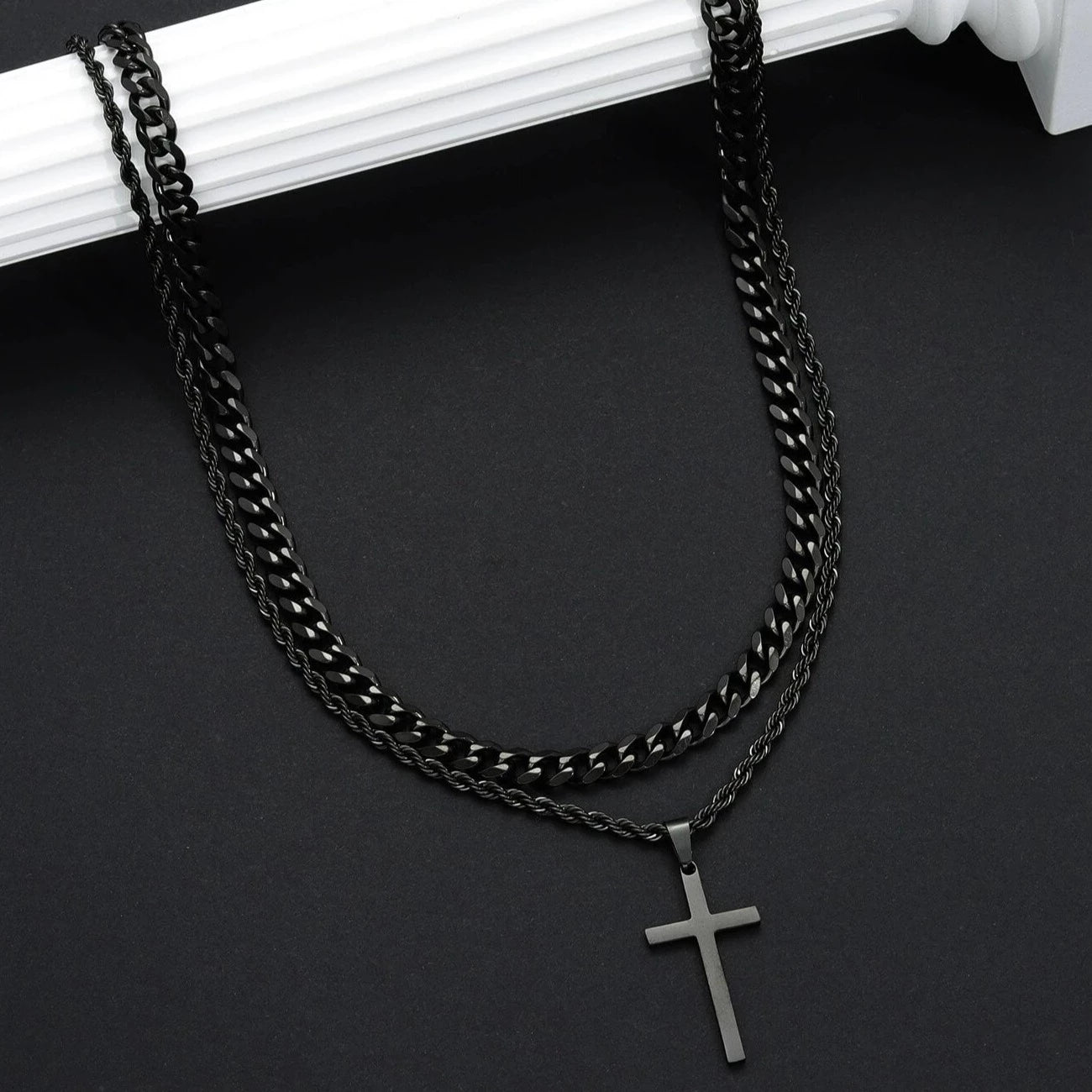 18K Gold Men's Double Layer Cross Pendant Charm Necklace