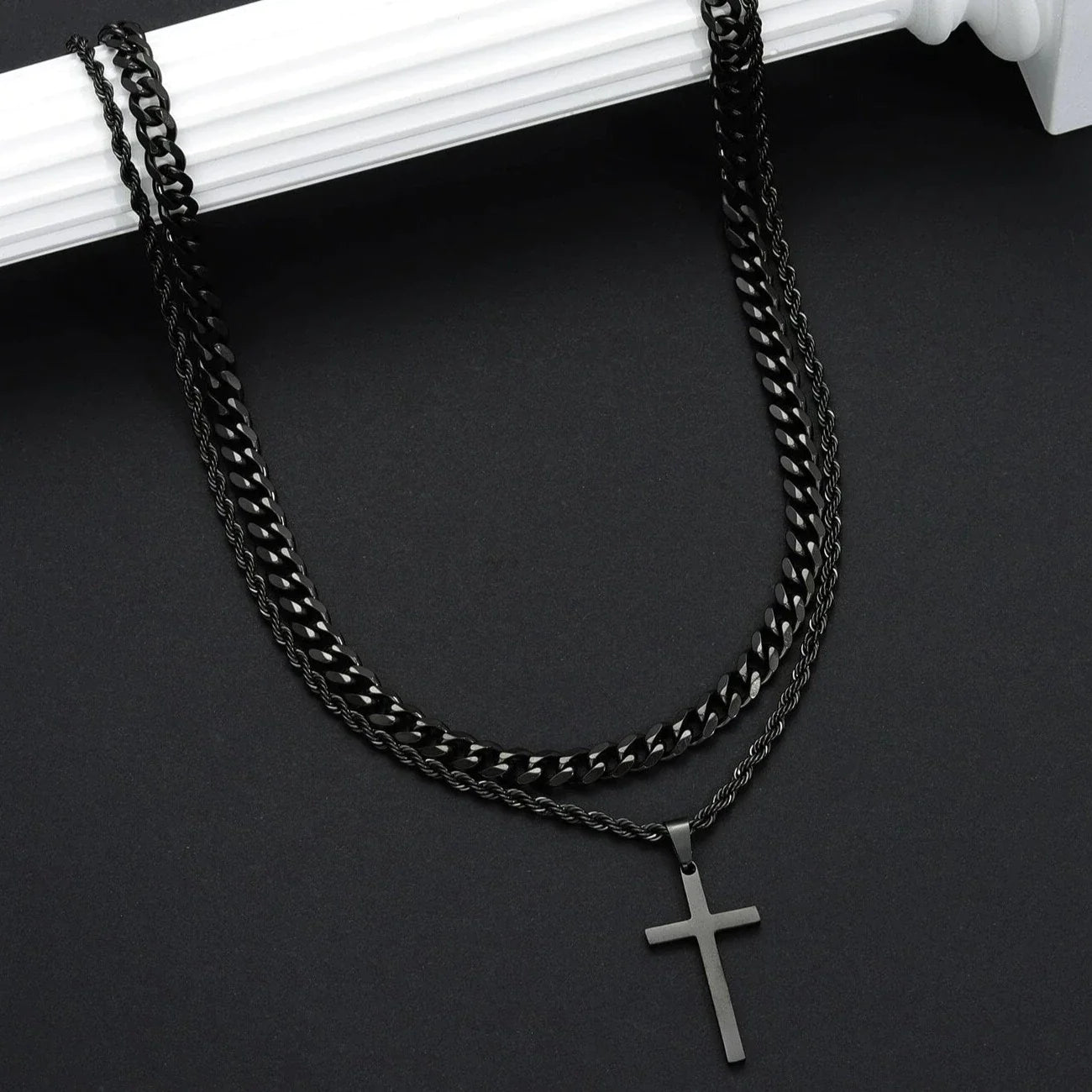 Men's Double Layer Cross Pendant Charm Necklace