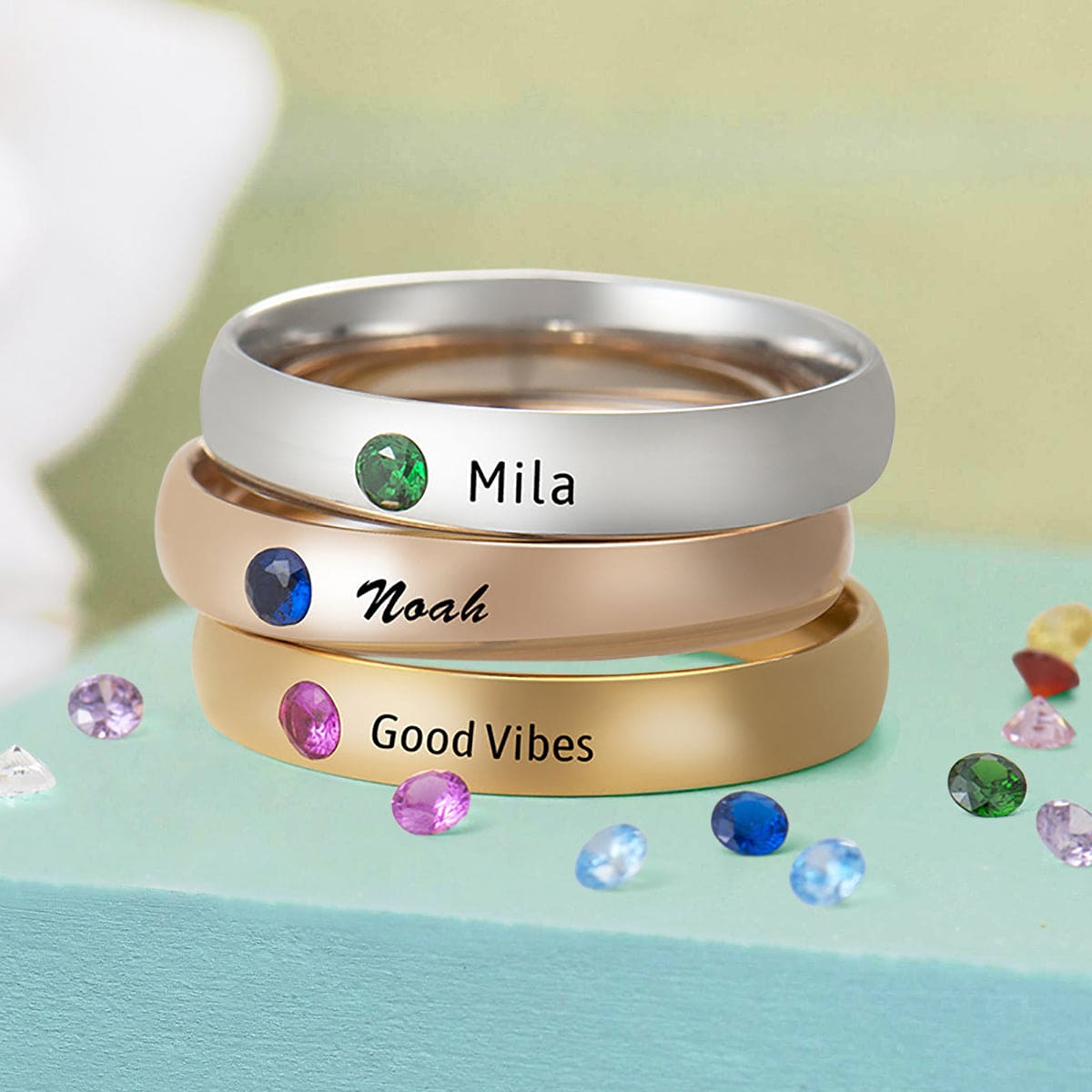 Personalized Family Birthstone Stackable Name Ring - Stainless Steel