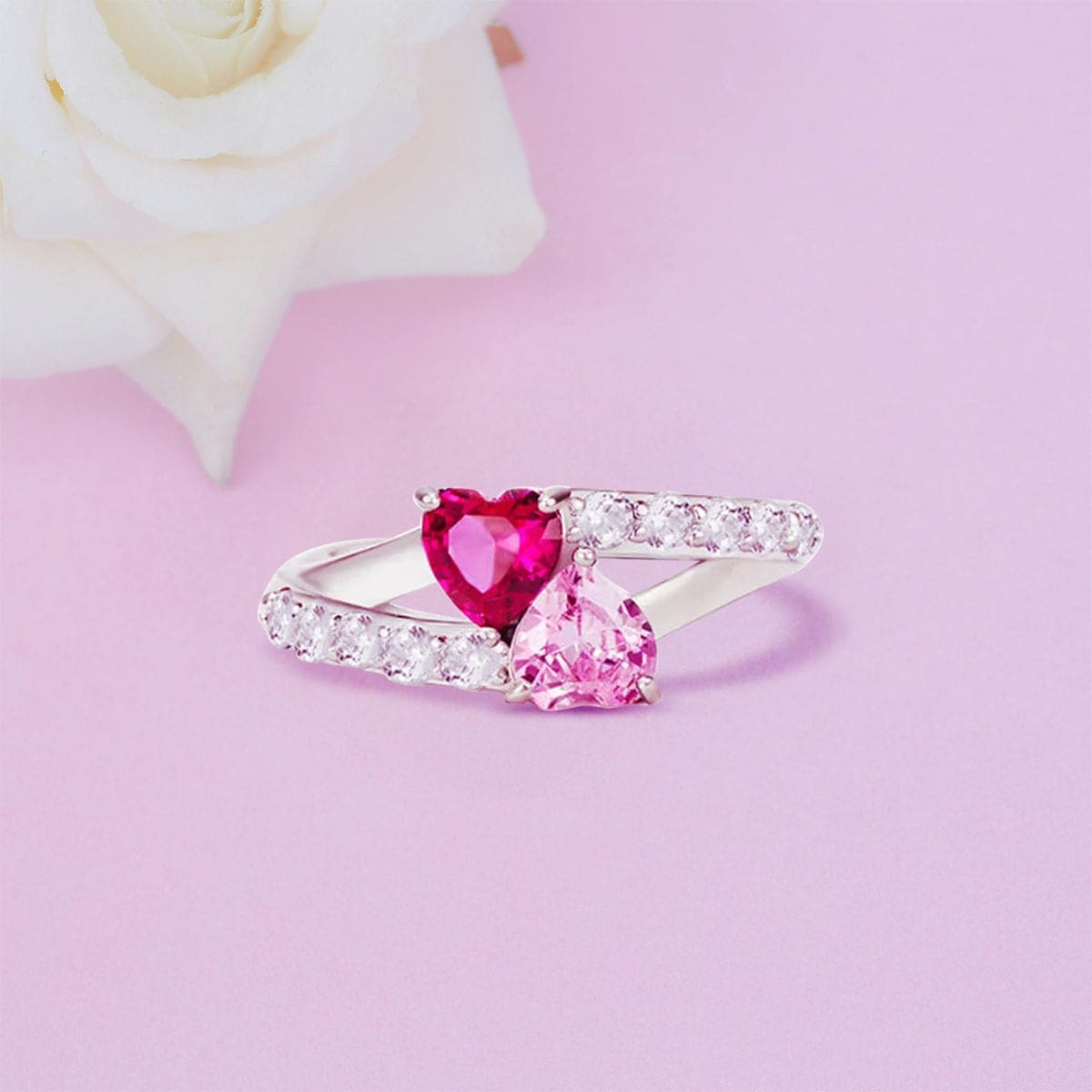 Personalized Double Heart Cut Birthstones Ring - S925 Sterling Silver