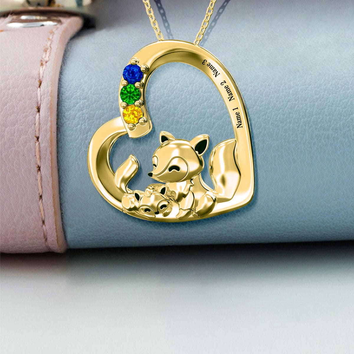 Personalized Fox Family Birthstones Necklace - Stainless Steel