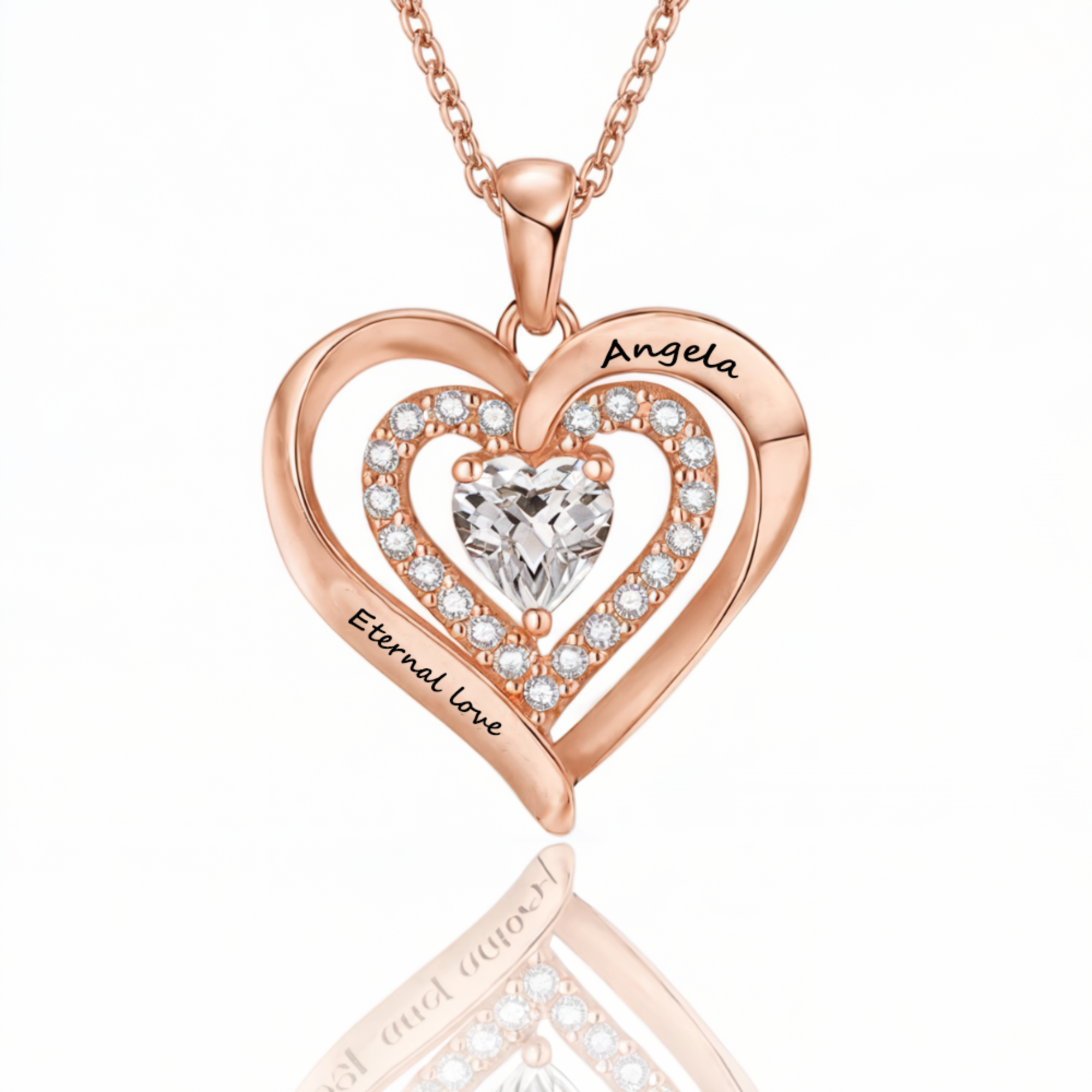 Collar de corazón de oro rosa con piedra de nacimiento grabada