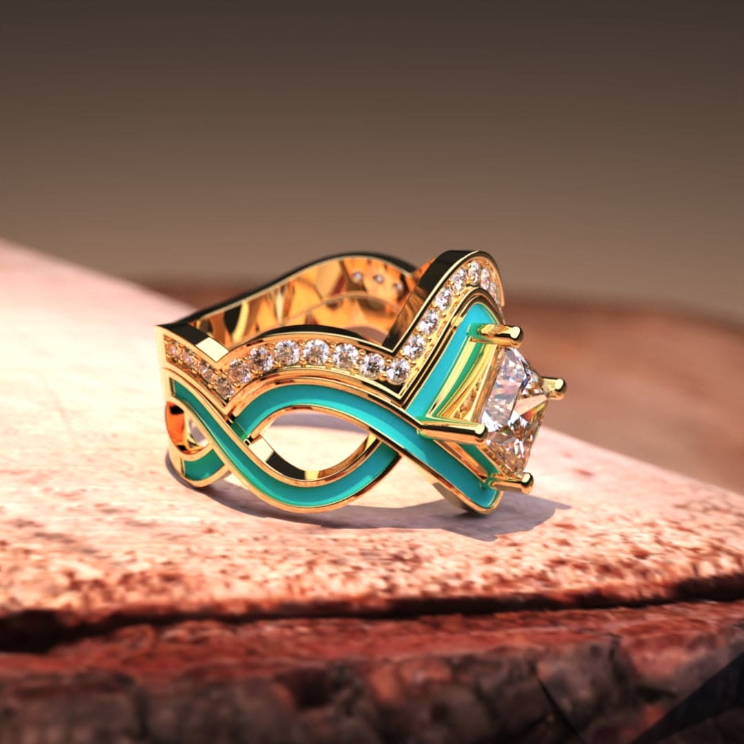 Anillo de oro vermeil de 18 quilates con turquesa de dos piezas Ocean Wave