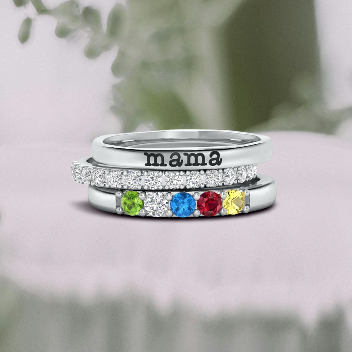 Anillos apilables con nombre y piedras de nacimiento familiares personalizados - Plata de ley S925