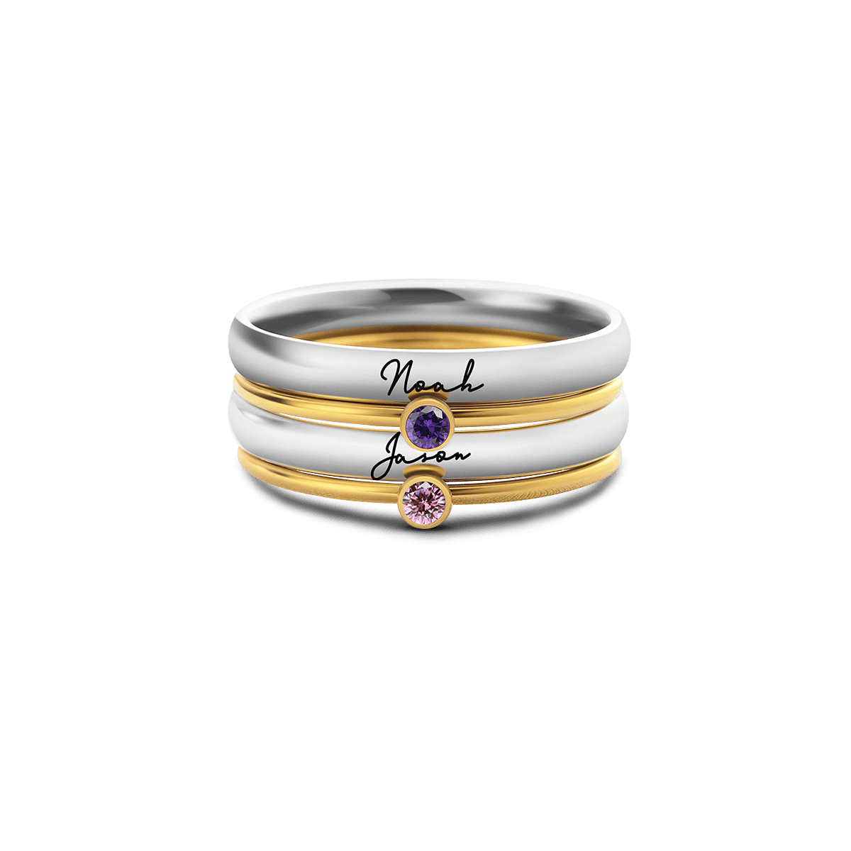 Personalized Engraved Stackable Birthstone Ring Set - Stainless Steel