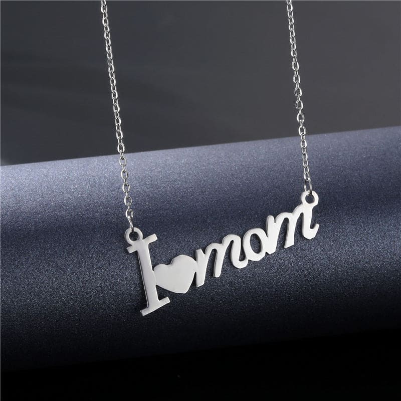 I Love Mom Script Pendant Necklace - Stainless Steel