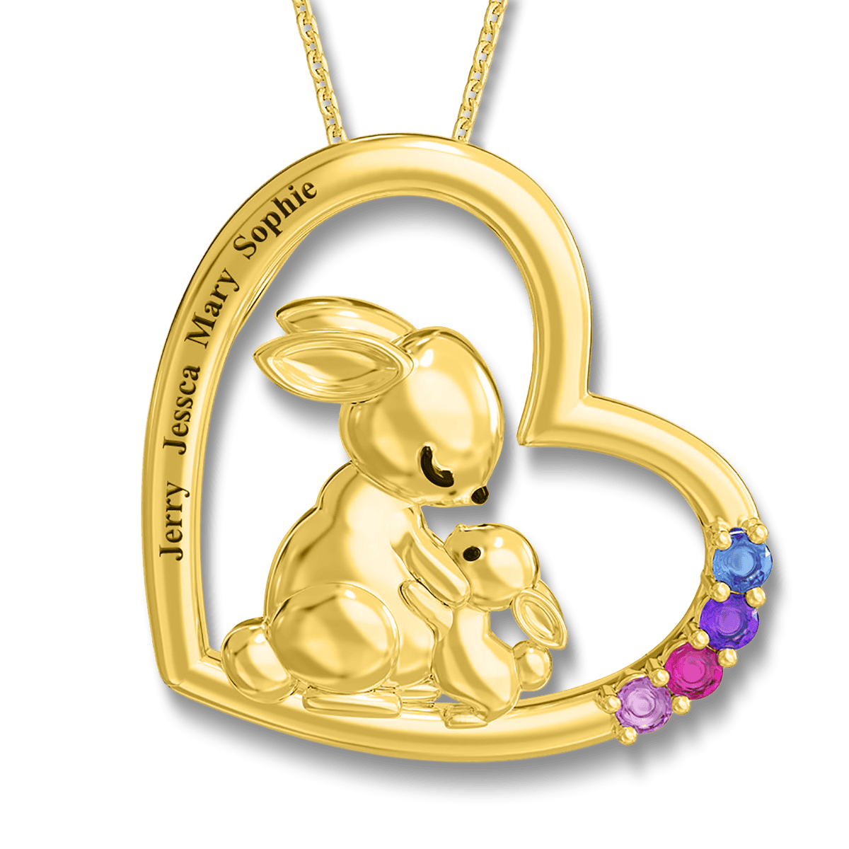 Personalized Bunny Family Birthstones Necklace - Stainless Steel