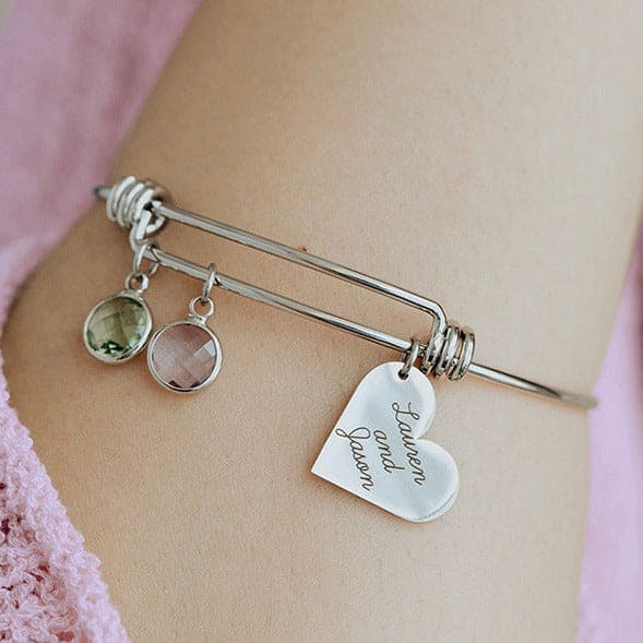 Personalized Birthstones Engraved Charm Bangle Bracelet - Stainless Steel