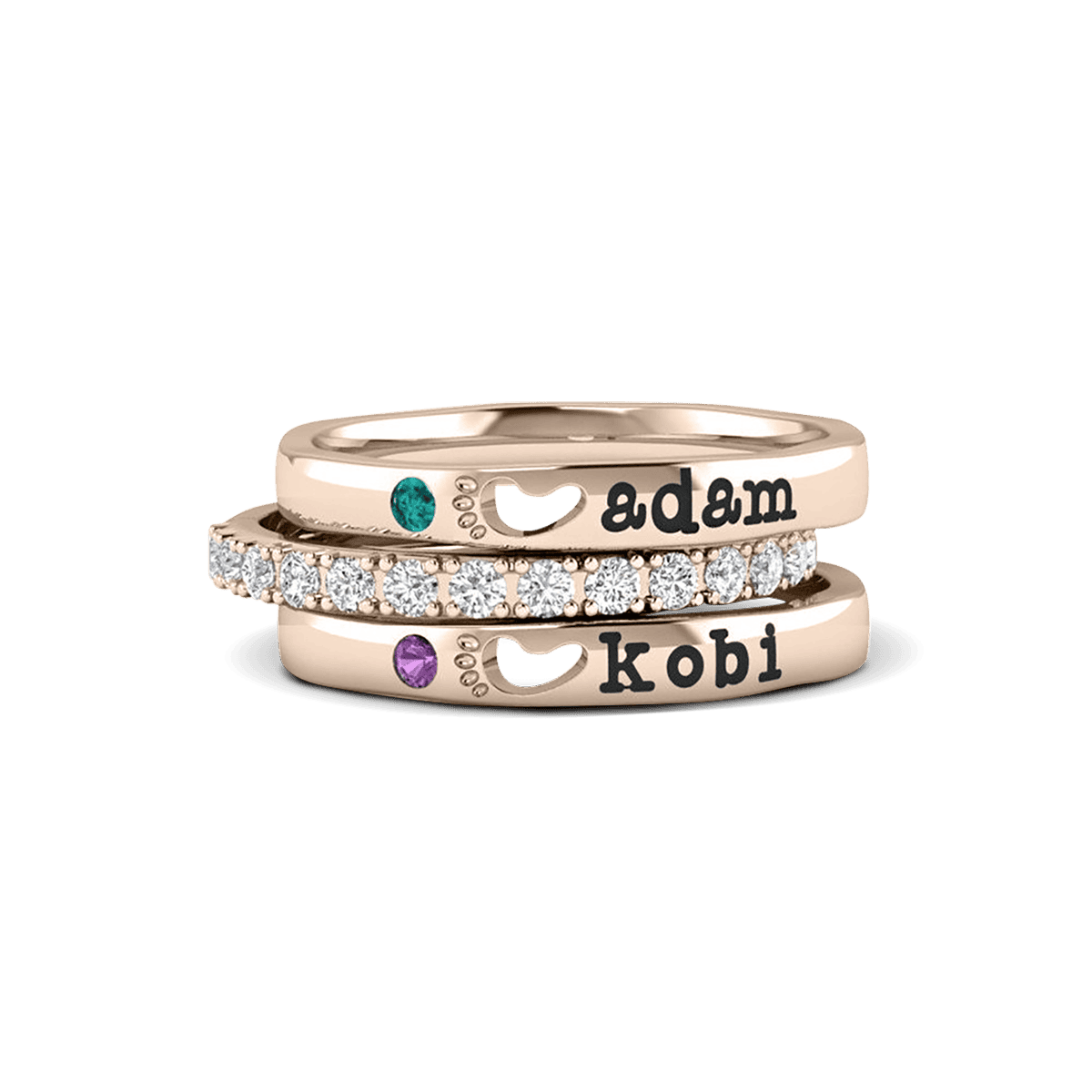 Personalized Baby Feet Birthstone Stacking Name Rings - S925 Sterling Silver