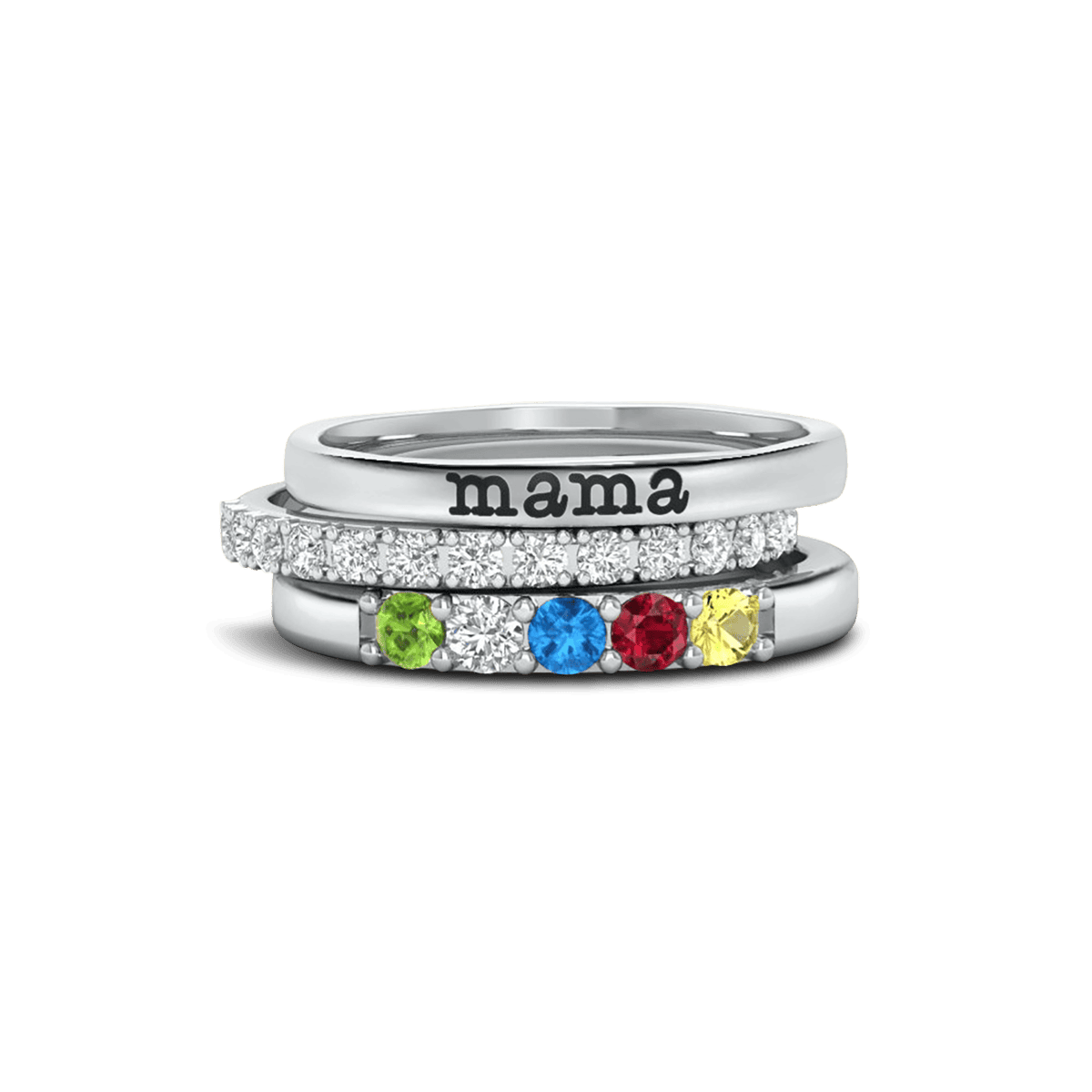 Personalized Family Birthstones Stacking Name Rings - S925 Sterling Silver