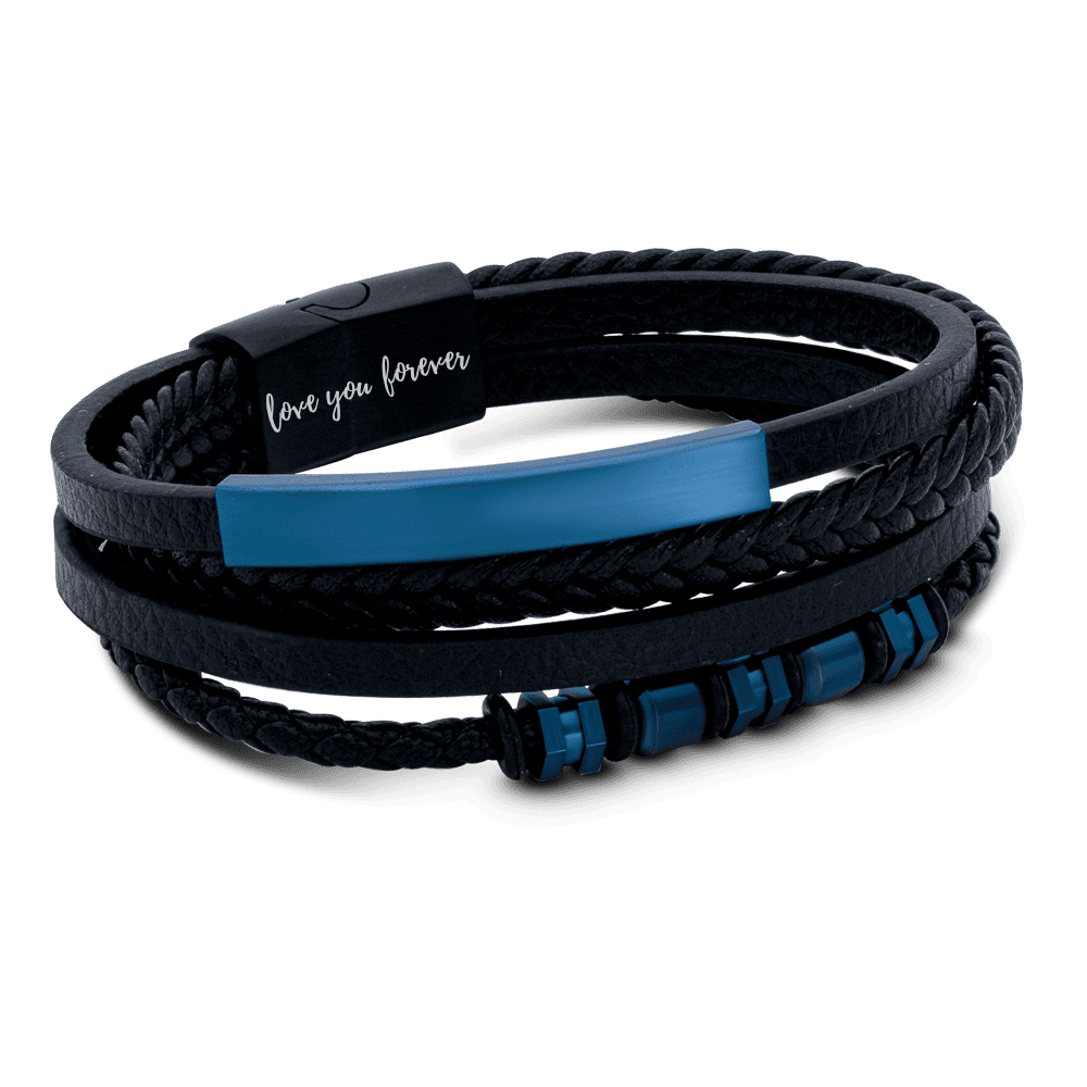 Pulsera de cuero azul y negro Love You Forever para hombre