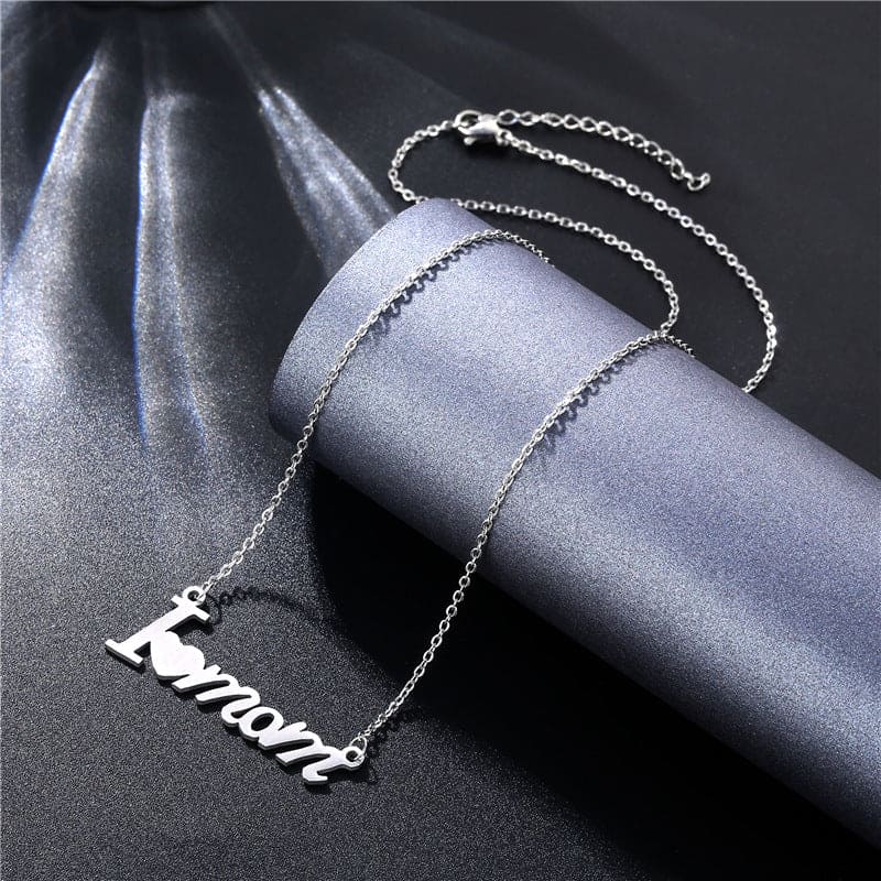 I Love Mom Script Pendant Necklace - Stainless Steel