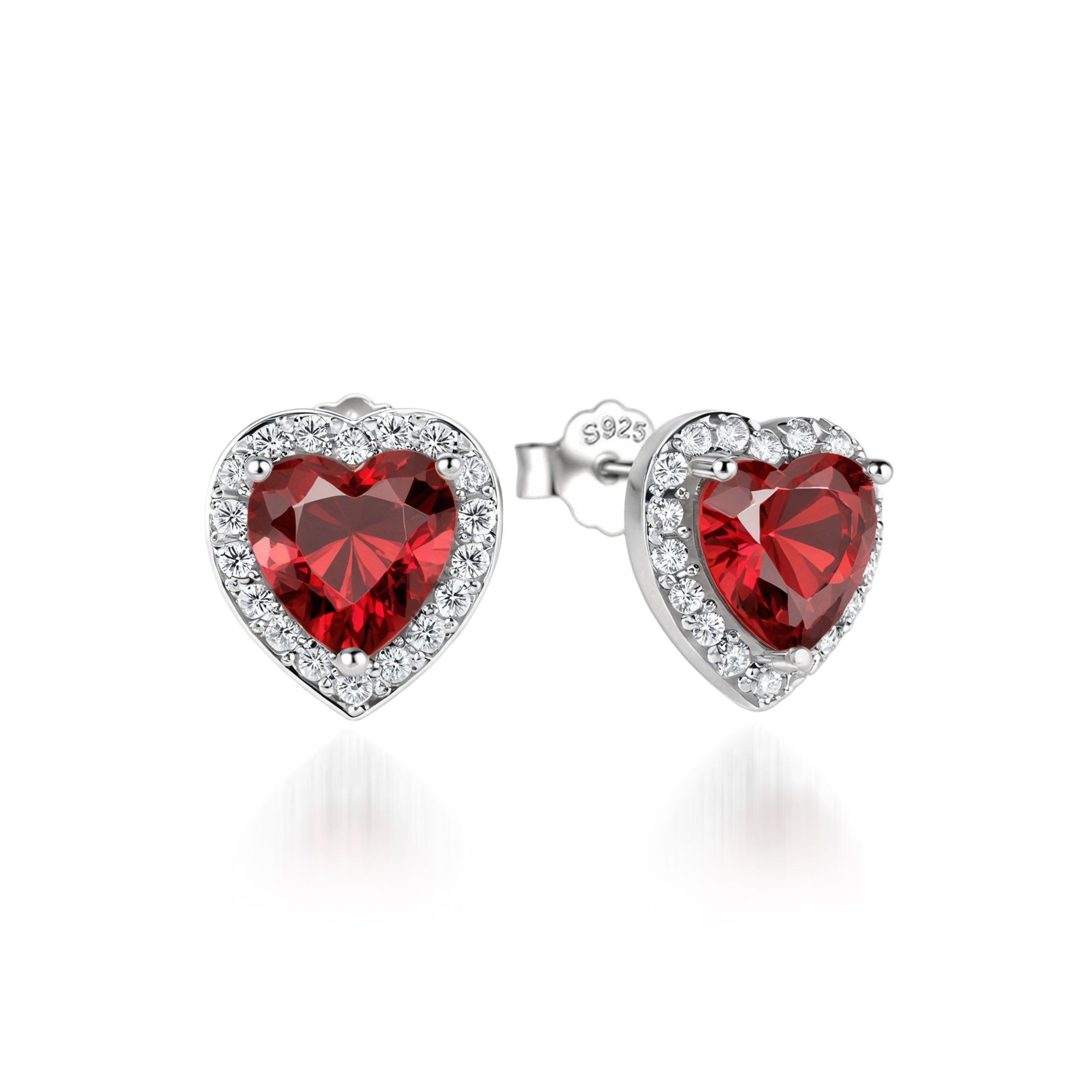 Pendientes con halo de corazón de diamantes rojos