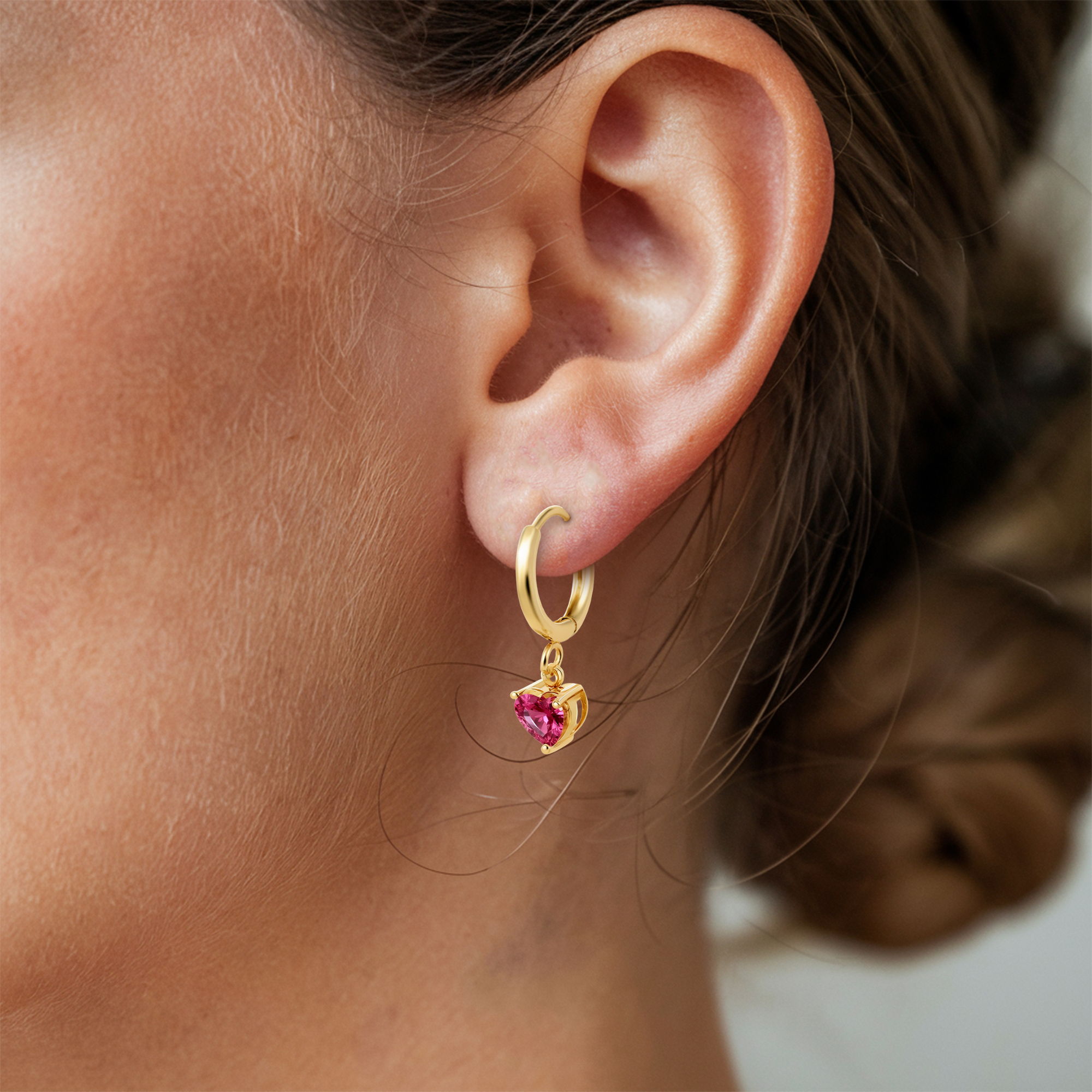 Pink Diamond Heart Hoop Earrings