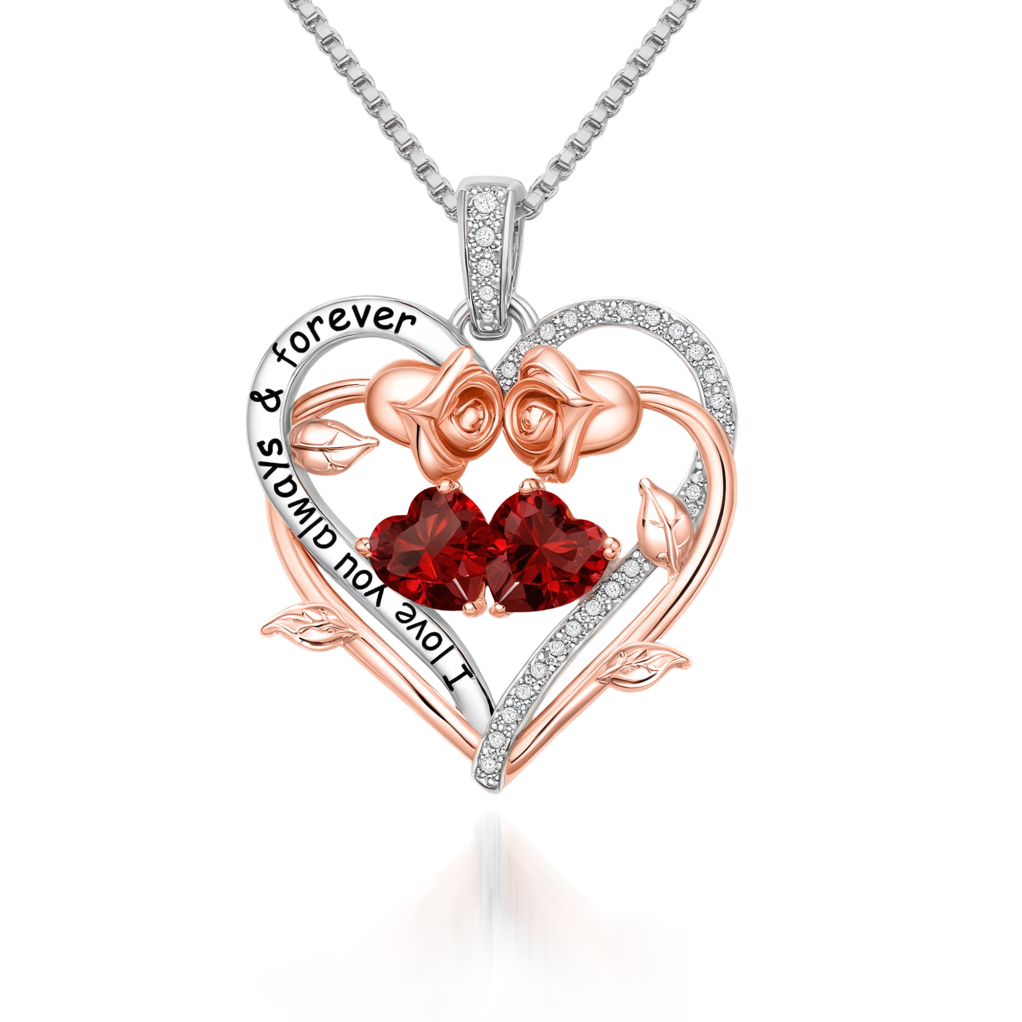 Engraved Rose Heart Birthstone Necklace