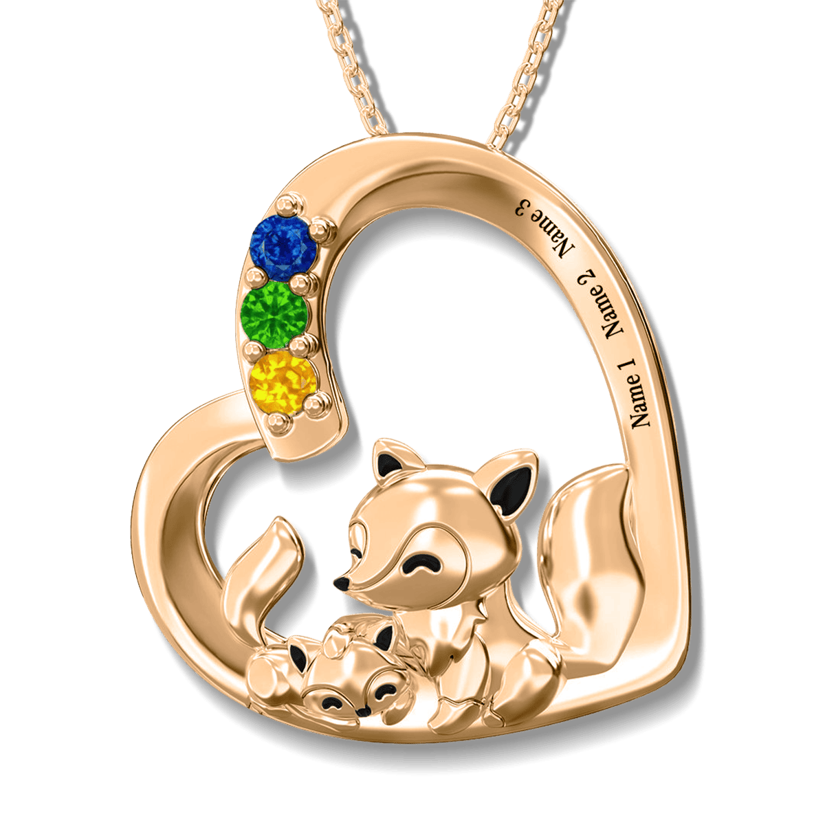 Personalized Fox Family Birthstones Necklace - Stainless Steel