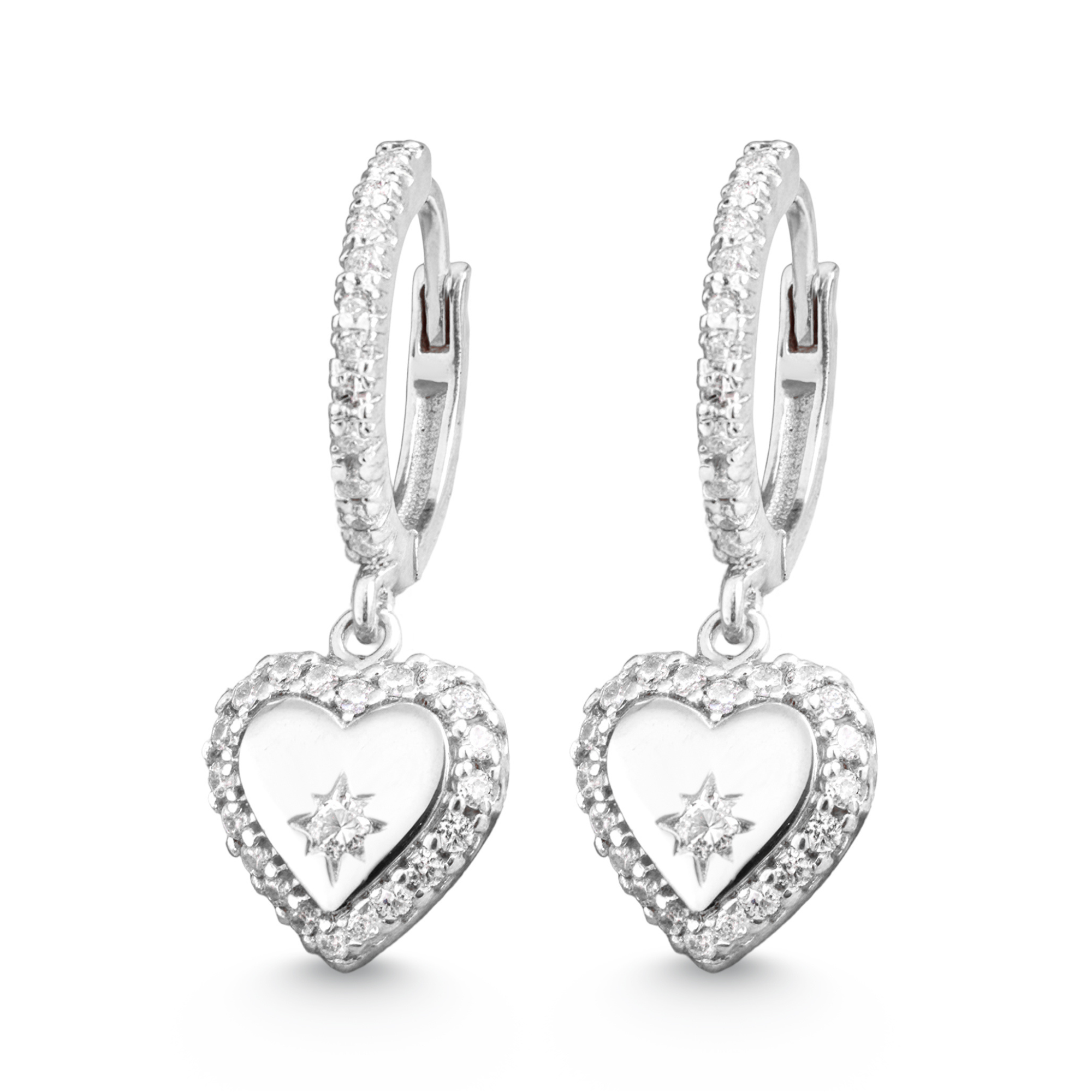 Pendientes de aro con pavé de diamantes y corazón de plata