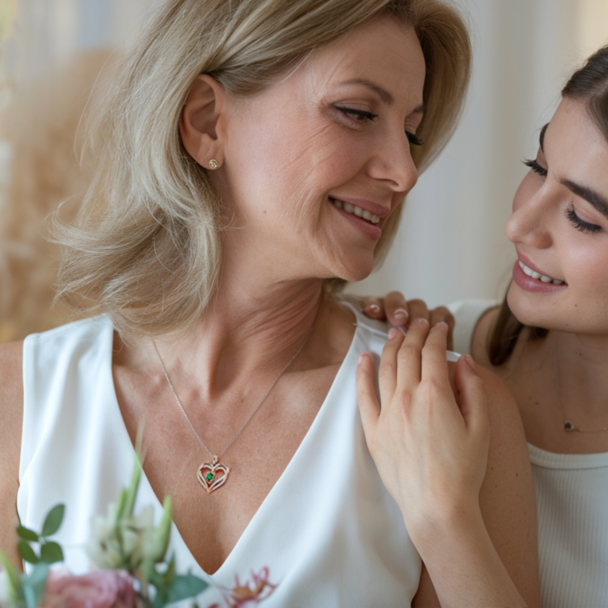 Collar con colgante de piedra natal y corazón de flores