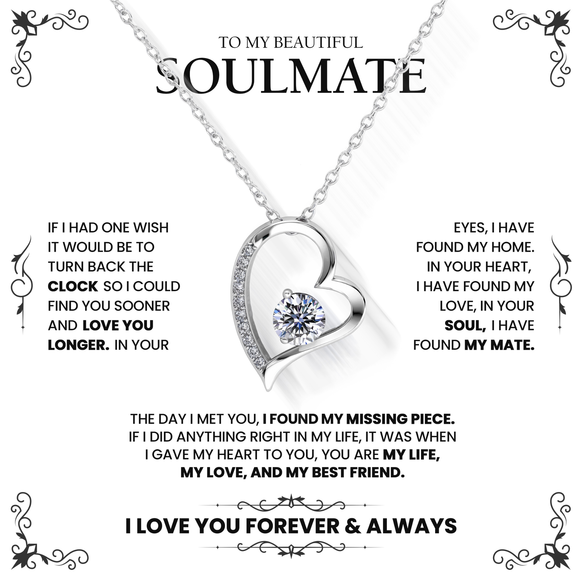 To My Soulmate | Silver Heart Diamond Necklace