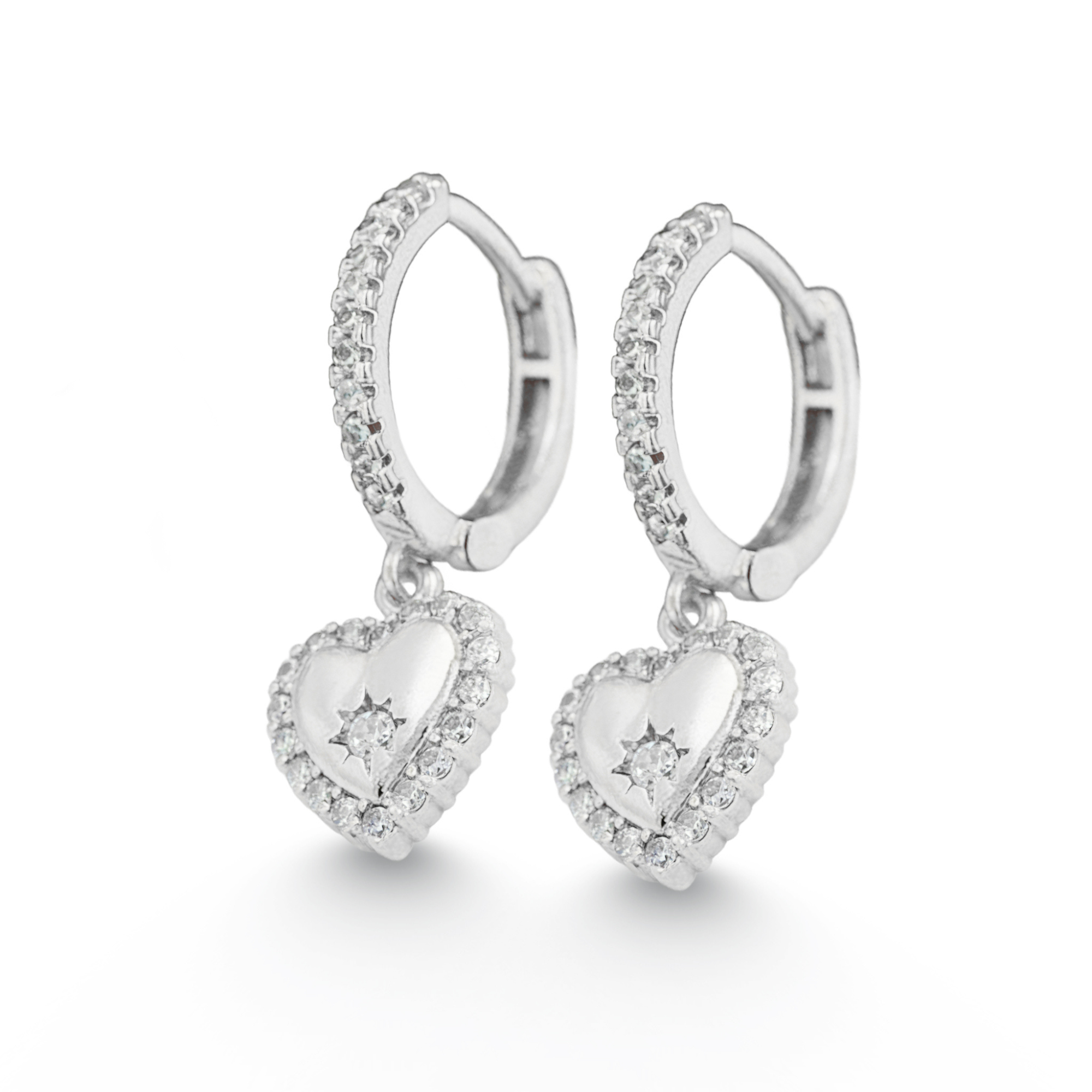 Silver Heart Diamond Pavé Hoop Earrings