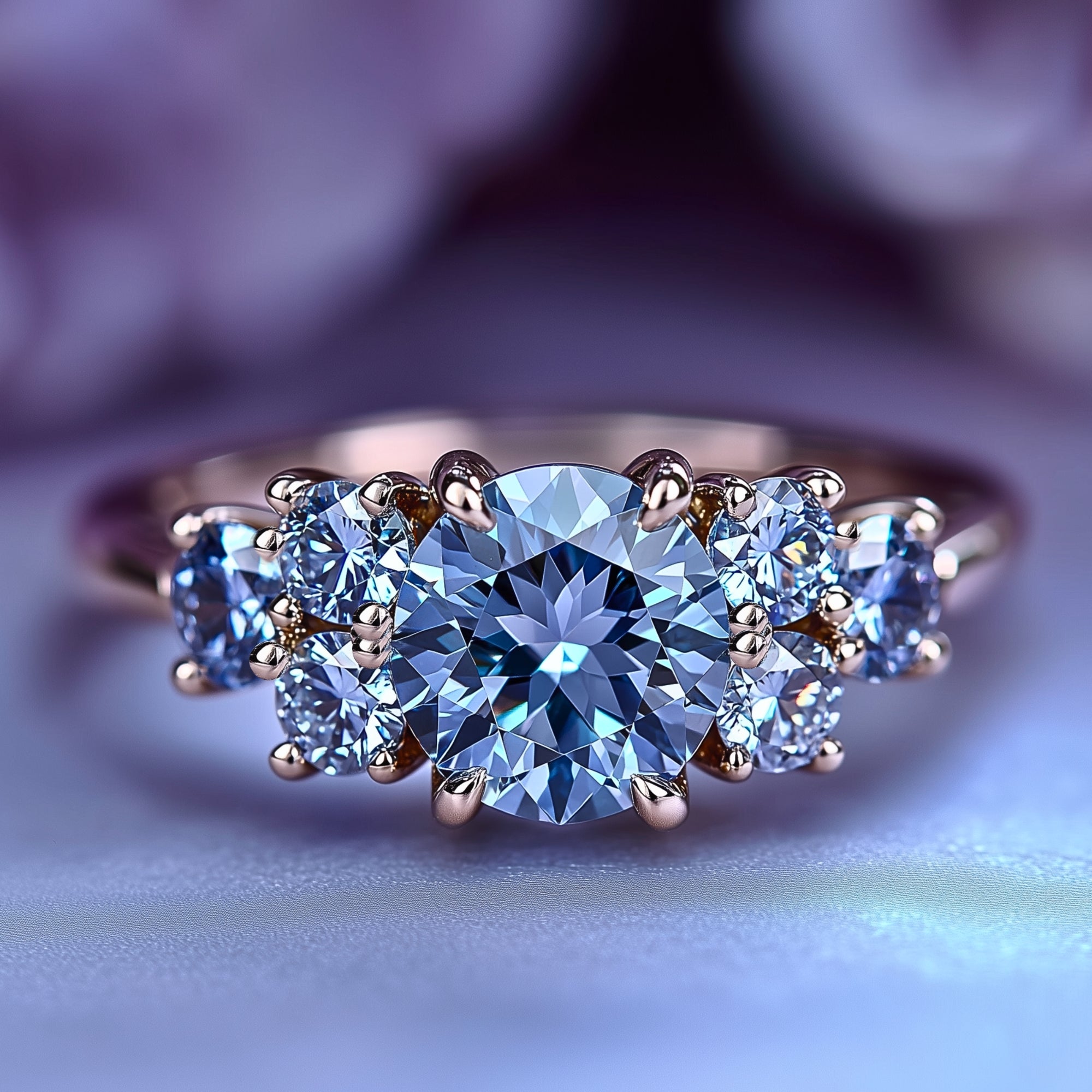 The Carina 2CT Round Cut Brilliant Blue Moissanite Triple Stone Ring ...