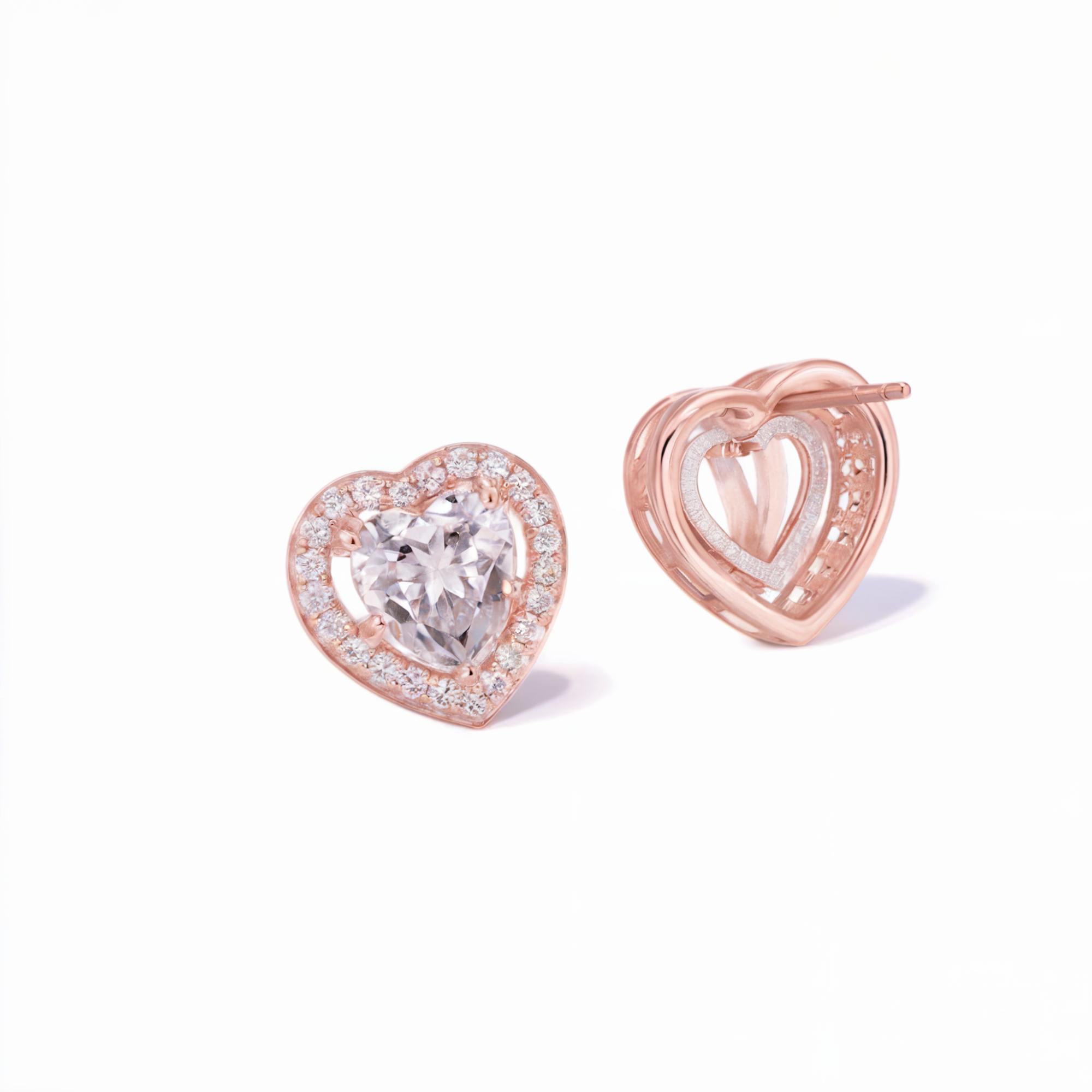 Diamond Heart Halo Stud Silver Earrings