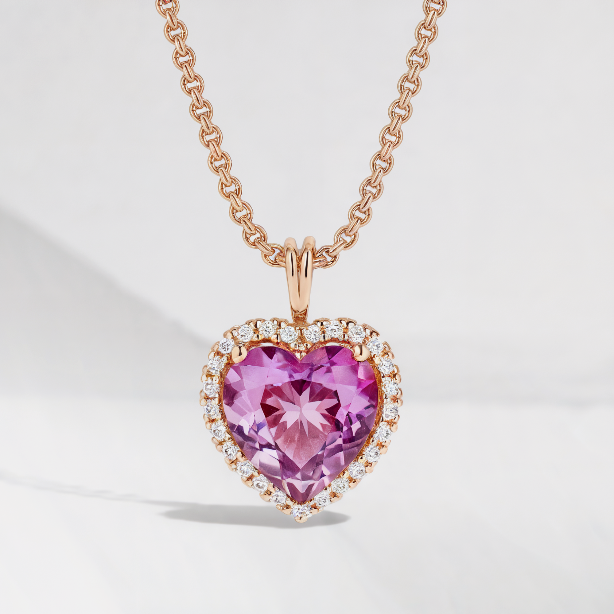 Pink Moissanite Halo Heart Necklace