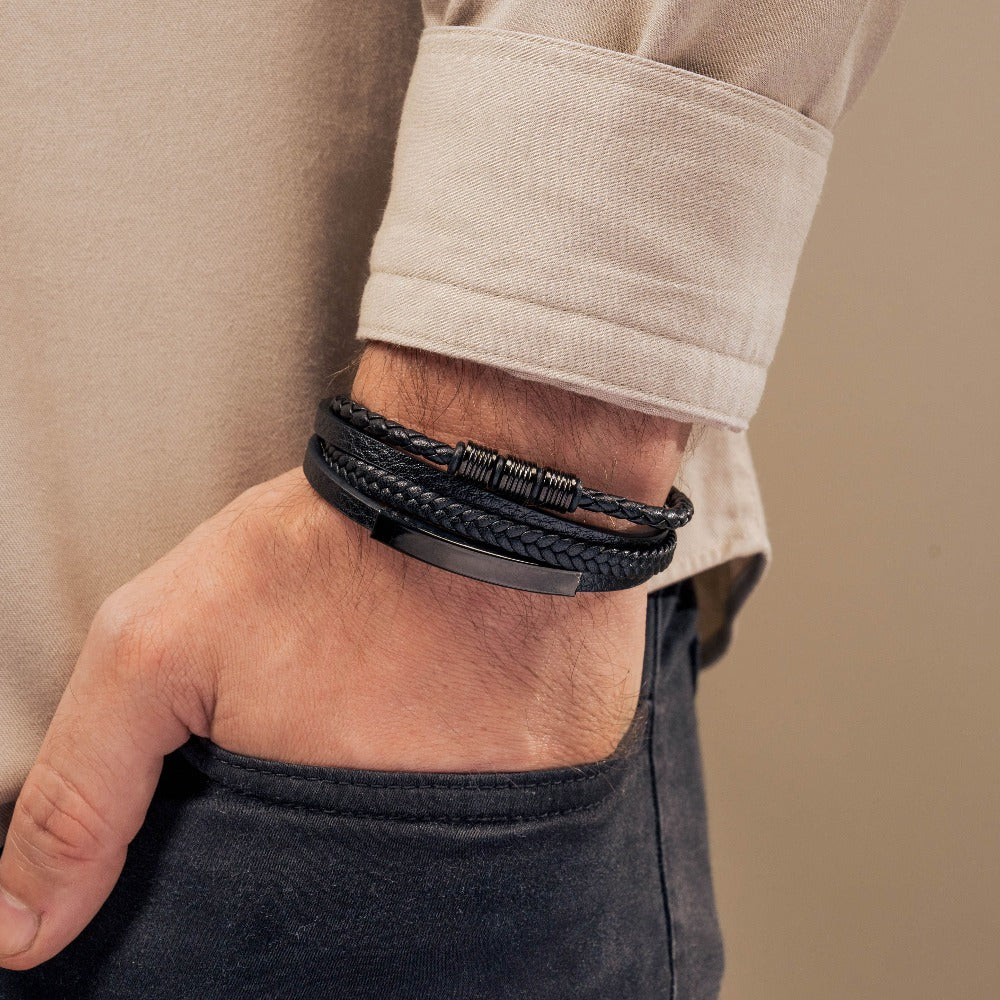 Men's 'Love You Forever' Black Leather Bracelet