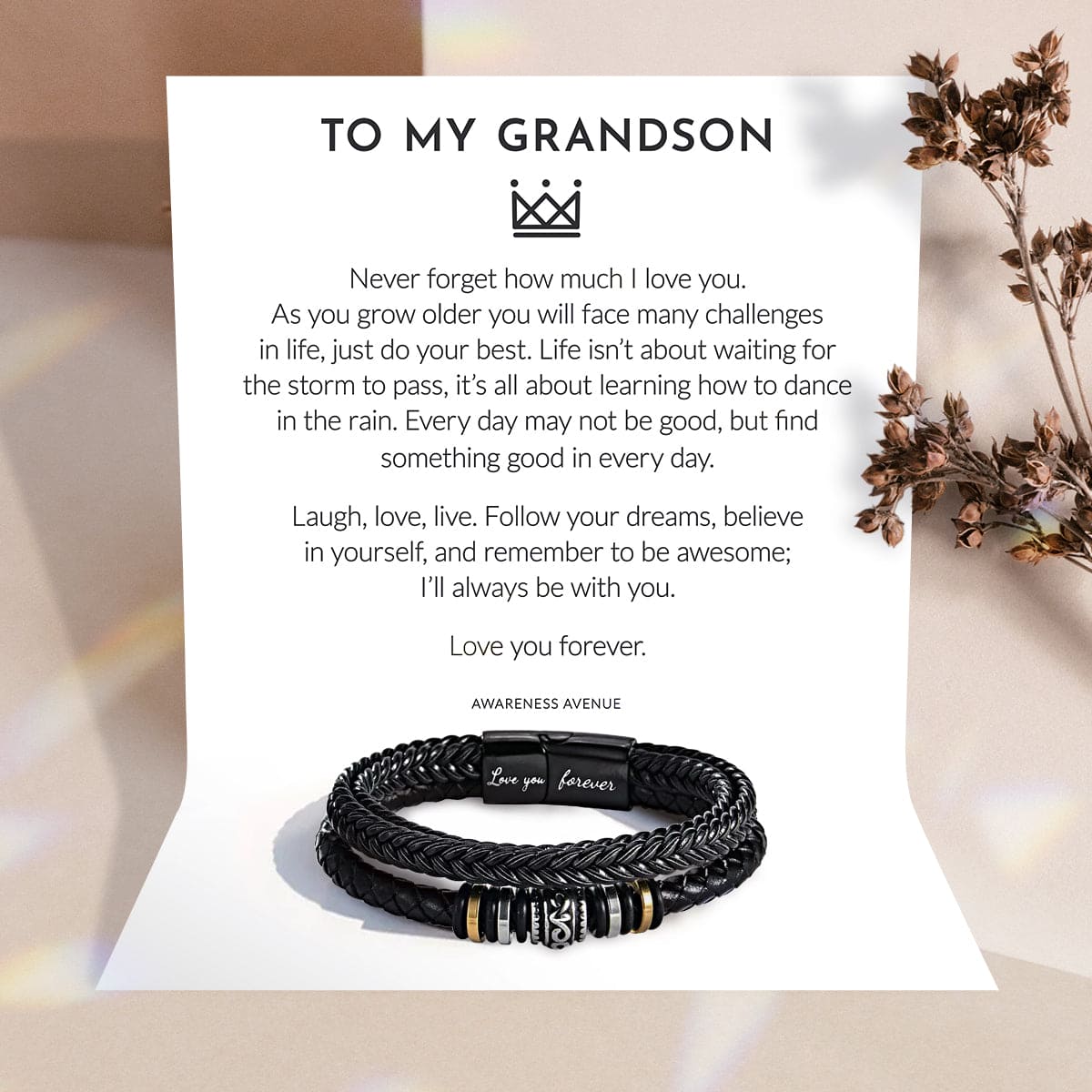 Photo of the to my grandson bracelet on a giftcard with a heartfelt message