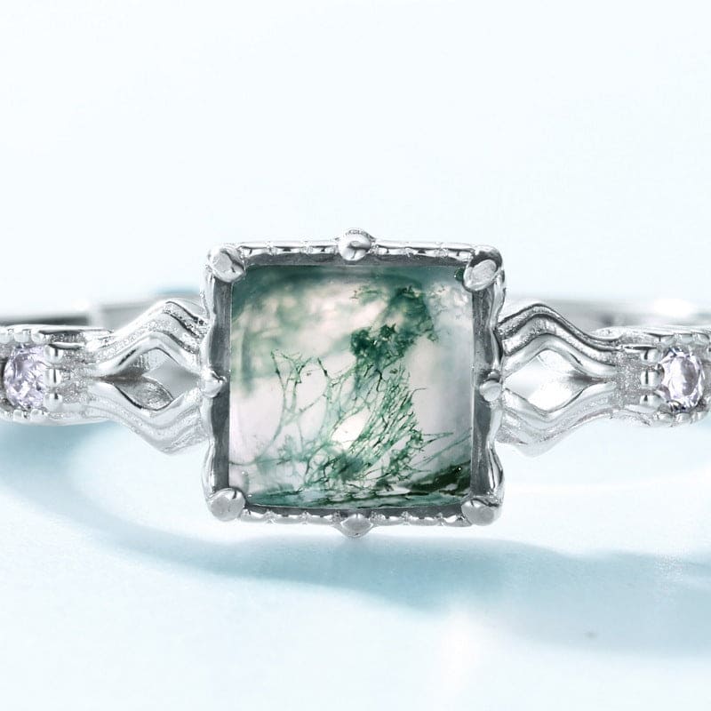 Cushion Cut Natural Moss Agate Wavy Band Ring - S925 Sterling Silver