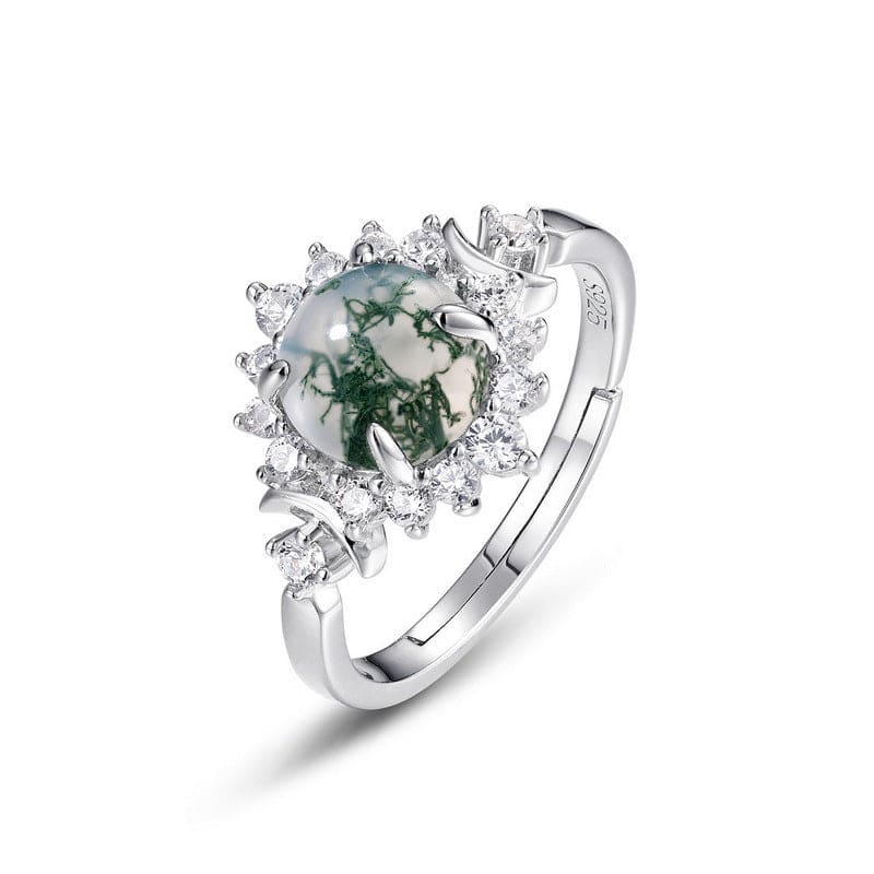 Round Natural Moss Agate Floral Halo Ring - S925 Sterling Silver