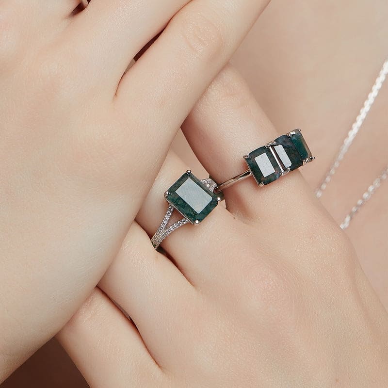 Triple Natural Moss Agate Bars Ring - S925 Sterling Silver