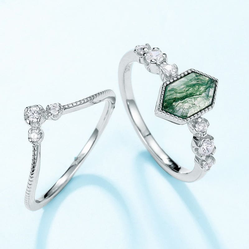 Serenity Kite Cut Moss Agate & Diamond Ring Duo - S925 Sterling Silver