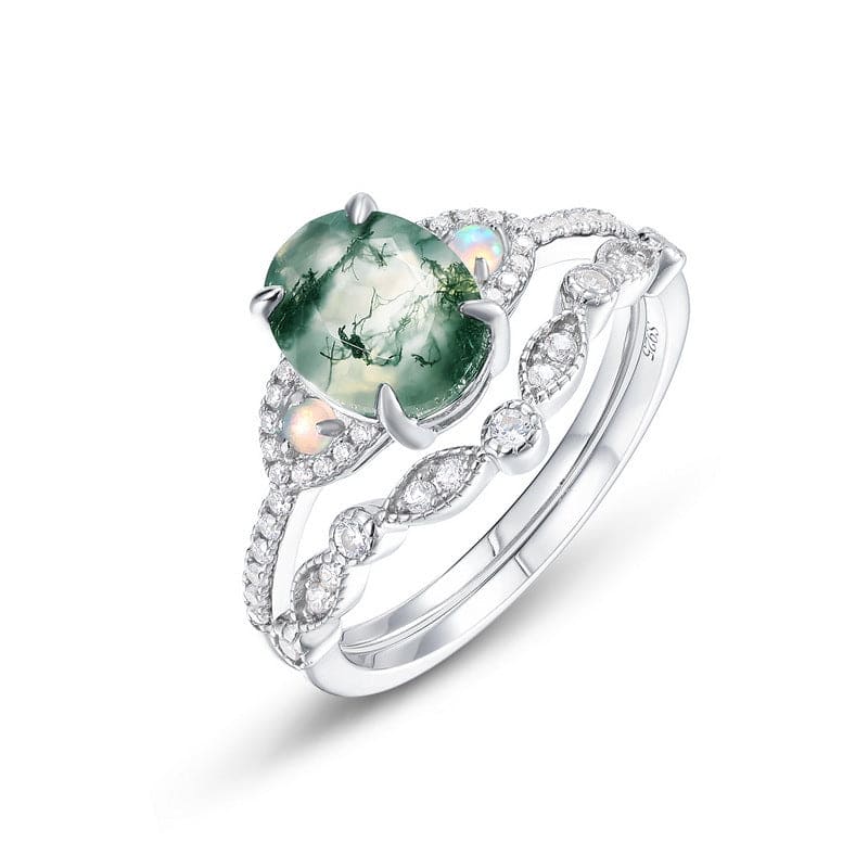 Oval Cut Moss Agate Diamond Curved Band Ring Set - S925 Sterling Silver