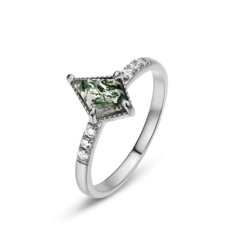 Channel Set Diamond Natural Moss Agate Ring - S925 Sterling Silver