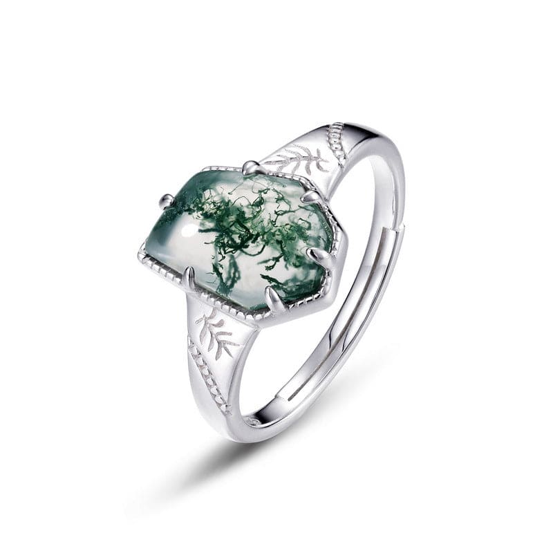 Cushion Cut Natural Moss Agate Leaf Design Ring - S925 Sterling Silver