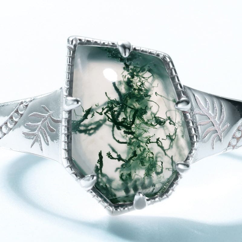 Cushion Cut Natural Moss Agate Leaf Design Ring - S925 Sterling Silver