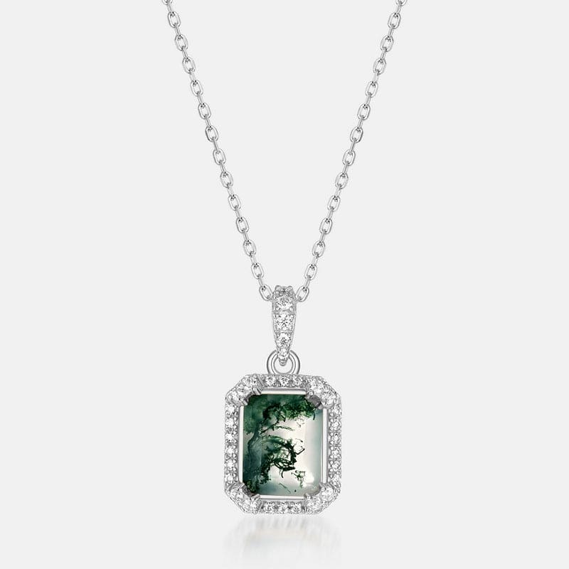 Gleaming Border Rectangular Moss Agate Pendant Necklace - S925 Sterling Silver