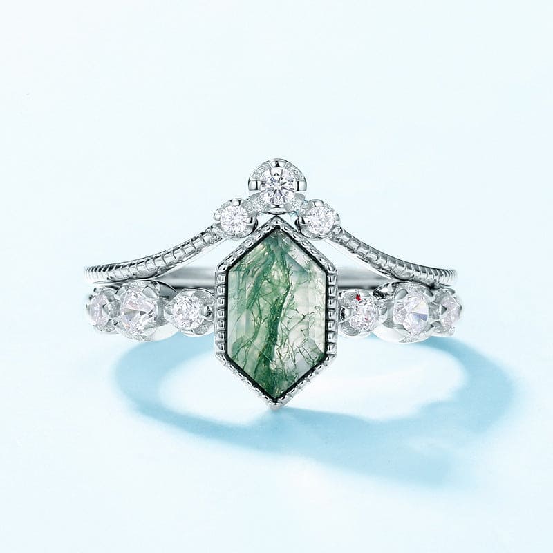 Serenity Kite Cut Moss Agate & Diamond Ring Duo - S925 Sterling Silver