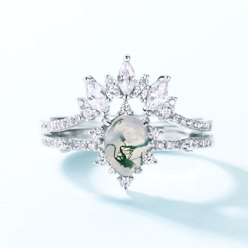 Frosted Kite Cut Moss Agate Marquise Diamond Silver Ring Set - S925 Sterling Silver